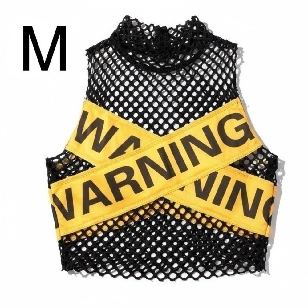 New Medium Mesh "Caution" Warning Yellow‎ Tape Crop Top Punk Grunge Retro Neon